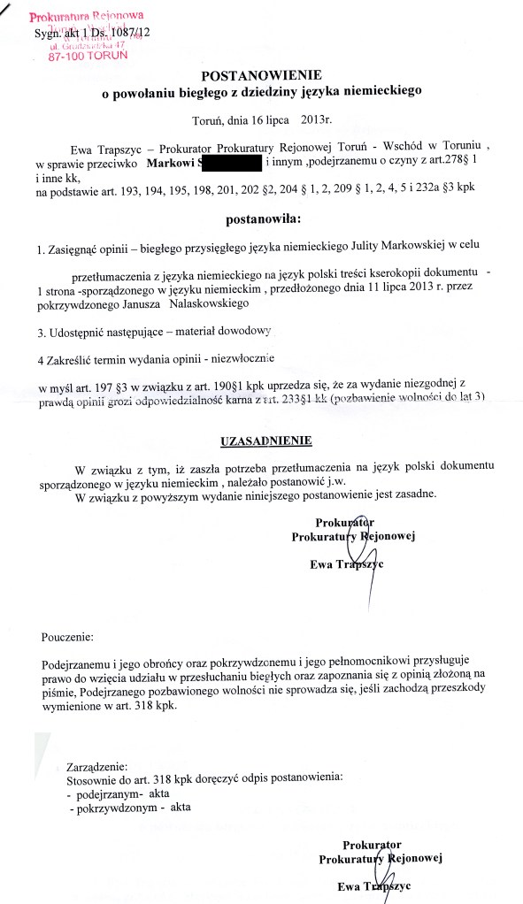 Informacja o powołaniu biegłego.